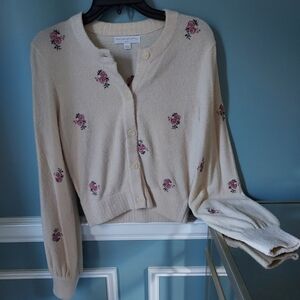 Spiritual Gangster Cream Cardigan with Pink Floral Embroidery
